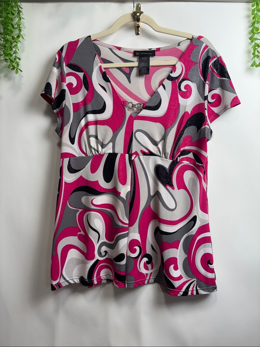 INC International Concepts Pink, Black & Gray Swirl V-Neck Empire Top